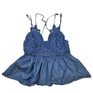 MAIN STRIP Strappy Tank Top Large Blue Crotchet Lace Baby Doll Sleeveless Buckle